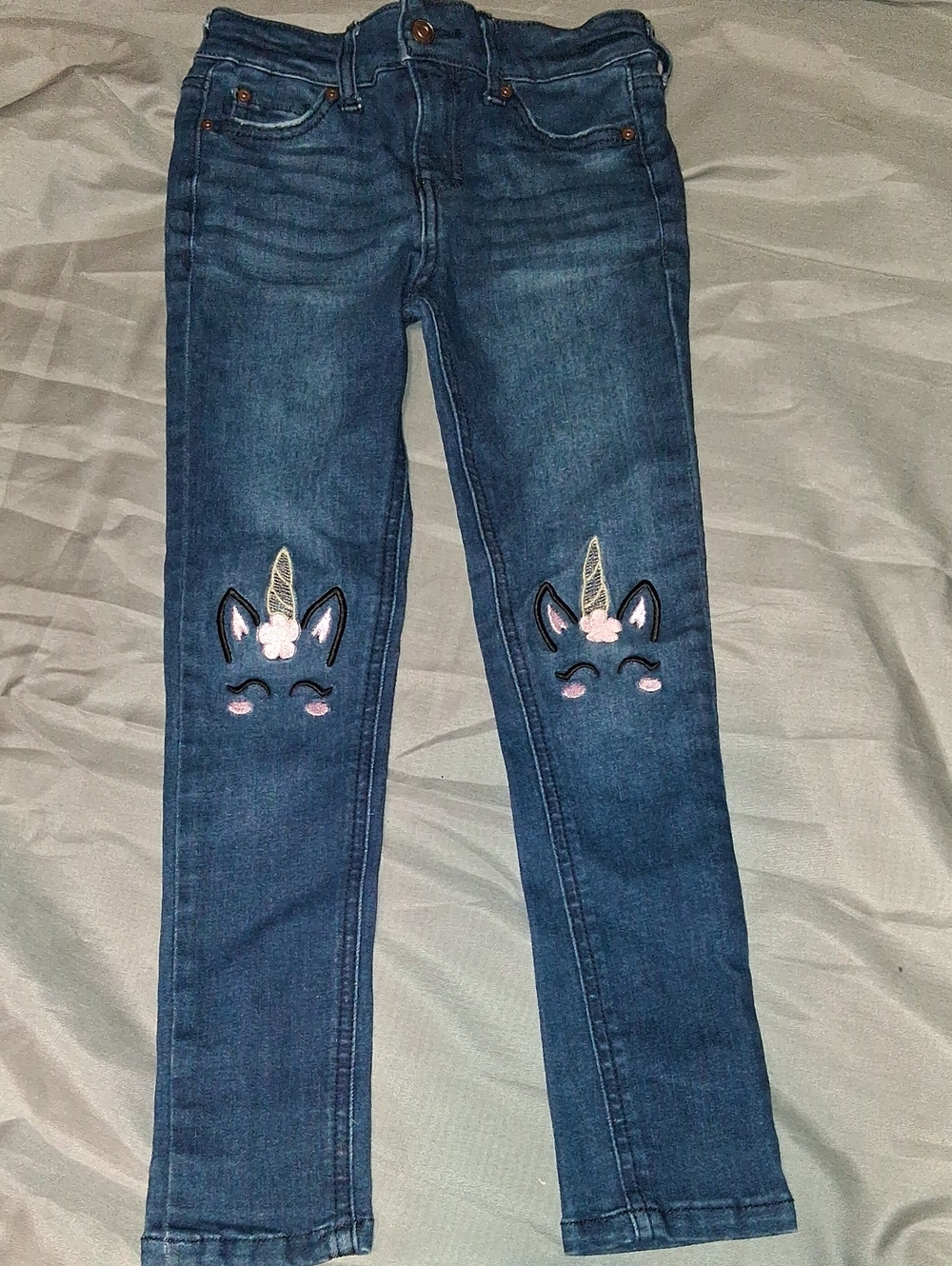 Girls' Dark Blue Unicorn Knee Embroidered Jeans